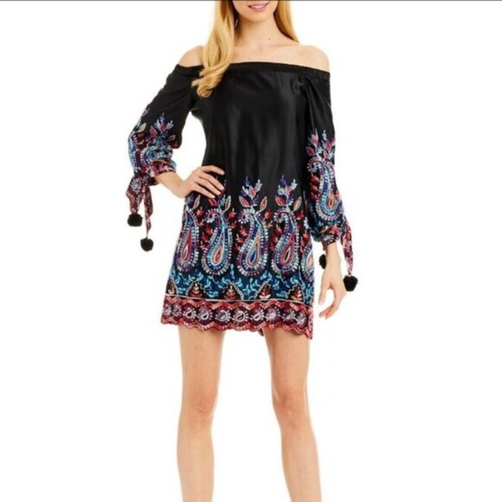 Nicole Miller New York Off Shoulder Embroidery Dress Black Paisley Size 12